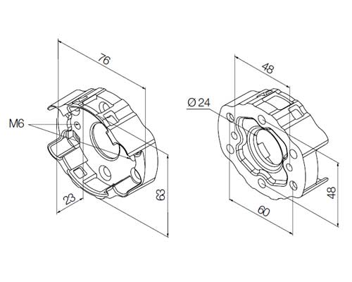 Supporto in alluminio con 2 fori interasse 48 (M6) e 60 mm
